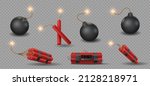 Realistic 3d bomb, tnt and dynamite sticks with burning fuse. Explosive military weapon or firecrackers with wick. Equipment with detonator for destroying or terrorism. Vector illustration