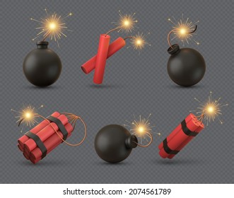 Realistic 3d bomb, tnt and dynamite sticks with burning fuse. Explosive military weapon or firecrackers with wick. Black bombs vector set. Equipment with detonator for destroying or terrorism