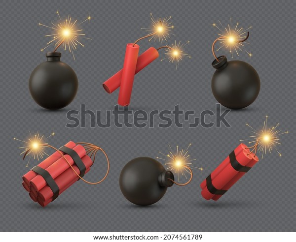 Realistic 3d bomb, tnt and dynamite sticks with\
burning fuse. Explosive military weapon or firecrackers with wick.\
Black bombs vector set. Equipment with detonator for destroying or\
terrorism
