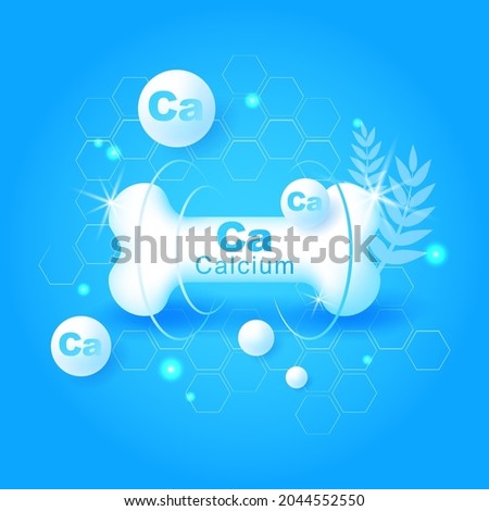 Realistic 3d bone with calcium. Calcium mineral sign. Glossy drop pill capsule. Dietary supplement bone, medical, healthcare concept. Calcium effect, bone strengthening, exocytosis