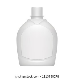 Realistic 3d bottle packaging for liquid soap or cosmetics. Mock up design pack with label for packaging design on white background. White plastic container. Body care product. Commercial branding