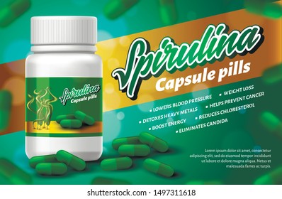 Realistic 3D Bottle Spirulina Capsule Pills Advertisement. Antioxidant Superfood Vector Banner. Vegetarian Dietary Supplement, Healthy Ingredient, Seaweed Powder, Organic Green Food