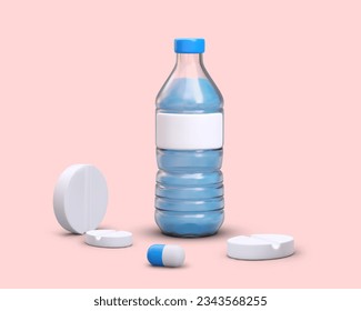 Realistic 3d bottle of water and different pills. Collection for first aid. Time to take medicine concept. Medical help concept. Vector illustration with pink background