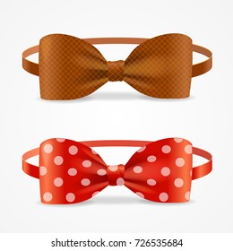 Realistic 3d Bow Tie Set Brown and with Droplets Accessory Of Hipsters, Dandy, Geek Man. Vector illustration of Element Cloth Hipster