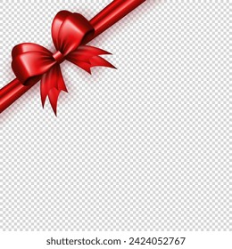 Realistic 3d bright red bow on the corner with diagonally silk ribbon on transparent background. Three dimensional satin bow with tapes as frame for greeting card or gift box package, present wrapping
