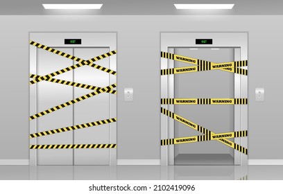 Realistic 3d broken elevators on repair with warning yellow tape. Broken elevators closed for repair or maintenance. Elevators with with closed, opened and half closed doors under repair realistic