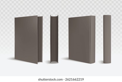 Realistic 3D brown book mockup vector with standing and open views. Perfect for cover designs, education materials, and publishing projects. Clean transparent background for easy editing.