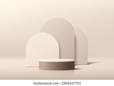 Realistic 3D brown and cream cylinder pedestal podium background with layers arch backdrop. Wall minimal scene mockup product stage showcase, Cosmetic promotion display. Abstract vector empty platform