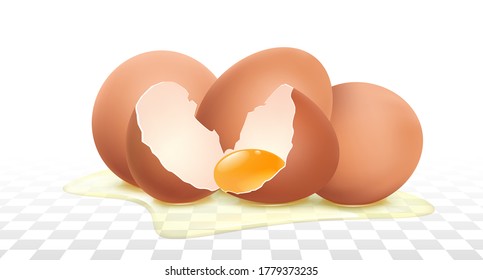 Realistic 3D brown eggs and half broken egg with yolk isolated on transparent white background, concept natural healthy food protein cooking ingredient and organic product farm for vector illustration