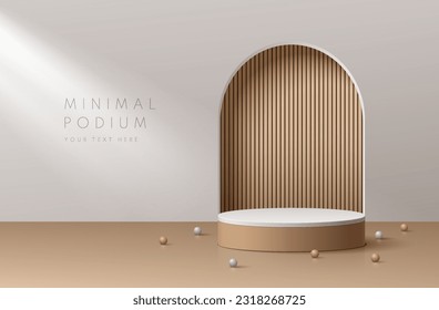 Realistic 3D brown and white cylinder pedestal podium background with wood pattern in arch gate. Abstract minimal scene mockup products, stage showcase, promotion display. Vector geometric platforms.