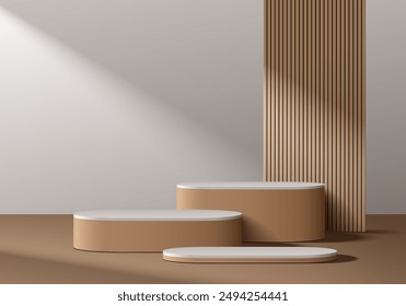 Realistic 3D brown wood round podium background with wooden slats backdrop on wall scene. Minimalist 3D mockup pedestal, Abstract product display presentation, Stage showcase. Platforms vector design.