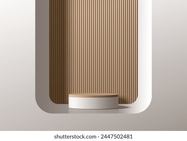 Realistic 3D brown wood and white cylinder podium background with wood pattern in window scene. Minimal abstract mockup product display presentation, Stage showcase. Platforms vector geometric design.