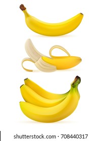 Realistic 3d bunch of bananas on a white background. Sweet fruit. 3d vector. Realistic illustration. Banana, fruit vector. Banana fruit close up.