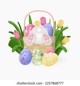 Realistic 3d bunny that climbs into a basket of Easter eggs. 3d tulips, Easter eggs, basket, rear view of a rabbit, paws, tail. High quality vector