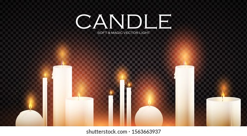 Realistic 3D burining wax & paraffin candles. Candle flame on transparent background.