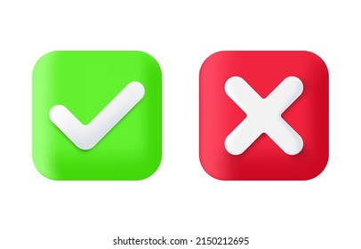 Botones 3D realistas marca de verificación verde y rojo. Marcar y cruzar. SÍ o NO aceptar y rechazar símbolo. Botones para votar, elección de elección. Marque los iconos OK y X. Ilustración del vector