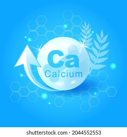 Realistic 3d calcium. Calcium mineral sign with bone. Glossy drop pill capsule. Dietary supplement bone, medical, healthcare concept. Calcium effect, bone strengthening, exocytosis