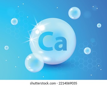 Realistic 3d calcium. Calcium mineral sign with bone. Glossy drop pill capsule. Dietary supplement bone, medical, healthcare concept. Calcium effect, bone strengthening, exocytosis