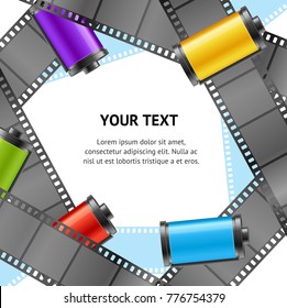 Realistic 3d Camera Film Roll Cartrige Photo Retro Banner Card Old Vintage Style Place for Text. Vector illustration