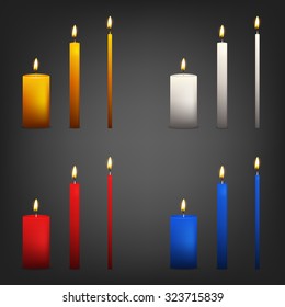 Realistic 3d candle set on a dark background. Vector EPS10 illustration.  