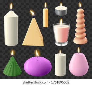 Realistic 3d candles. Holidays candlelight, romantic flaming wax candle, wedding or birthday candles vector illustration icons set. Illustration candlestick to christmas and romantic relaxation