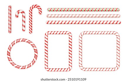 Realistic 3D candy cane Christmas vector set design. Straight, round, square frame. New year decoration elements collection.