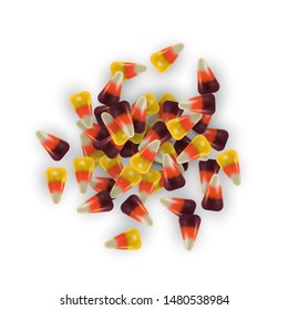 Realistic 3d candy corn on isolated white background. Traditional halloween season treat, colorful junk food concept.