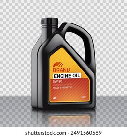 Cartucho 3D realista de aceite del motor. Ilustración vectorial con bote negro de aceite de motor aislado sobre fondo a cuadros. maqueta de anuncio 3d. Publicidad de aceite de motor sintético y de protección completo.