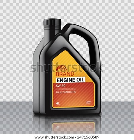 Realistic 3d canister of engine oil. Vector illustration with black canister of engine oil isolated on checkered background. 3d ad mockup. Advertisement of full synthetic and protection engine oil.