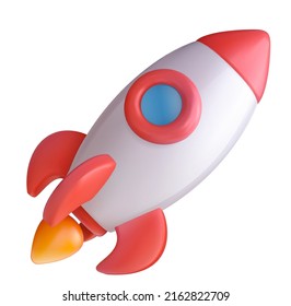 Realistic 3d cartoon flying rocket on white background. Cute stylised spaceship. Colorful bright vector illustration for science, game, business. Sweet glossy plastic element. Creative concept art.