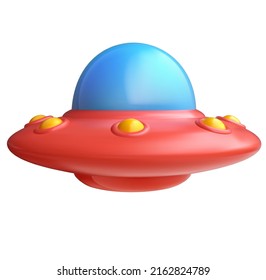 Realistic 3d cartoon flying ufo on white background. Cute stylised alien spaceship. Colorful bright vector illustration for science, game, business. Sweet glossy plastic element. Creative concept art.