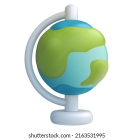 Realistic 3d cartoon globus on white background. Cute stylised funny device. Colorful bright vector illustration for science, game, business. Sweet glossy plastic element. Creative concept art.