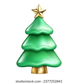Realistic 3d cartoon green Christmas tree with golden star. Decorative winter holiday symbol. Happy New Year, Christmas cute plastic element. Festive vector illustration isolated on white background