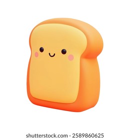 Realistic 3d cartoon slice of bread with a cute face, smiling with rosy cheeks on a plain white background vector illustration