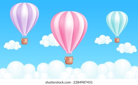 Realistic 3D cartoon vector illustration of a striped hot air balloon. Pastel colors. Perfect for outdoor activities, tourism, and summer fun, festival banners and children's illustrations