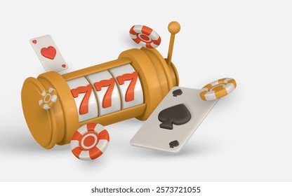 Realistic 3d casino game concept. Slot machine, playing cards, poker chips. Gambling concept. Vector illustration.