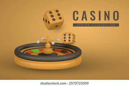 Realistic 3d casino game concept. Roulette wheel, dice. Gambling concept. Vector illustration.