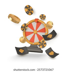 Realistic 3d casino game concept. Wheel of fortune, playing cards, poker chips, golden coin. Gambling concept. Vector illustration.