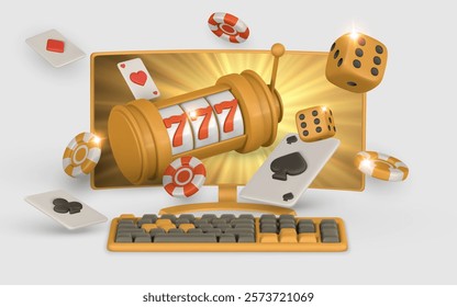 Realistic 3d casino game concept. Slot machine, playing cards, poker chips, Pc monitor, keyboard, dice, golden coin, confetti in cartoon style. Gambling concept. Vector illustration.