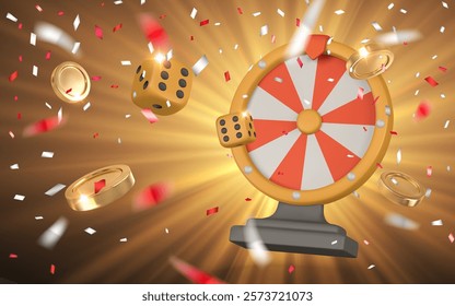 Realistic 3d casino game concept. Wheel of fortune, dice, golden coin, confetti. Gambling concept. Vector illustration.