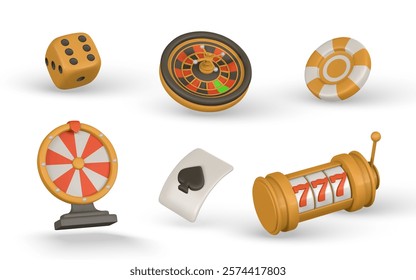 Realistic 3d casino game concept. Slot machine, roulette wheel, wheel of fortune, playing cards, poker chips, dice. Gambling concept. Vector illustration.