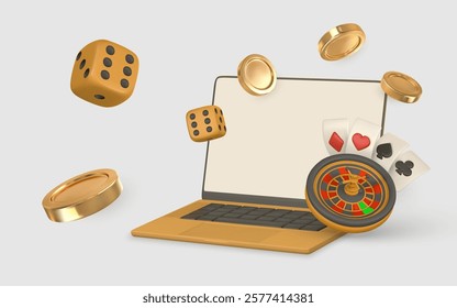 Realistic 3d casino game concept. Roulette wheel, laptop, dice and flying money in cartoon style. Gambling concept. Vector illustration.