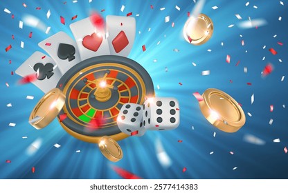 Realistic 3d casino game concept. Roulette wheel, playing cards, dice, golden coin. Gambling concept. Vector illustration.