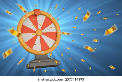 Realistic 3d casino game concept. Wheel of fortune with confetti. Gambling concept. Vector illustration.