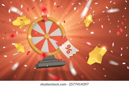 Realistic 3d casino game concept. Wheel of fortune with confetti. Gambling concept. Vector illustration.