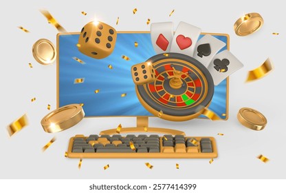 Realistic 3d casino game concept. Roulette wheel, Pc monitor, keyboard, dice, golden coin, confetti in cartoon style. Gambling concept. Vector illustration.