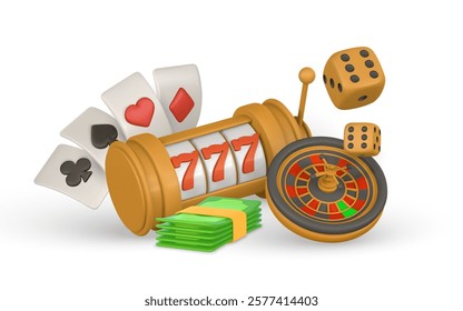 Realistic 3d casino game concept. Roulette wheel, slot machine, playing cards, poker chips, dice. Gambling concept. Vector illustration.