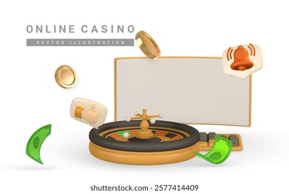 Realistic 3d casino game concept. Roulette wheel, Pc monitor, keyboard and flying money in cartoon style. Gambling concept. Vector illustration.