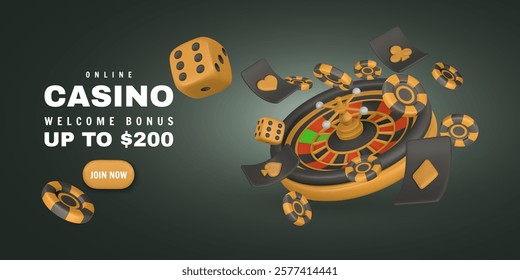 Realistic 3d casino game concept. Roulette wheel, poker chips, dice. Gambling concept. Vector illustration.