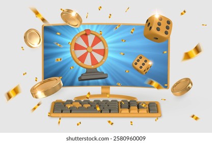 Realistic 3d casino game concept. Wheel of fortune, Pc monitor, keyboard, dice, golden coin, confetti in cartoon style. Gambling concept. Vector illustration.